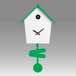 Contemporary cuckoo clock Art.tweet 2603 lacquered with acrilic color white with roof and pendulum green